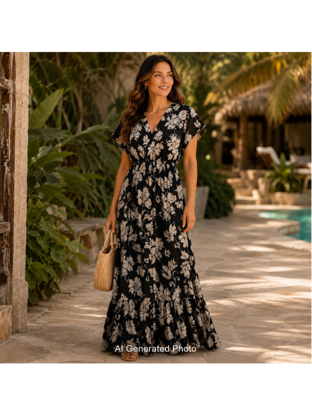 Easel Black Floral Maxi Dress Medium Boho Tiered V Neck Resort Cottagecore NWT